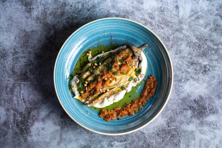 Whole Roasted Eggplant with Greek Feta, Mint & Olive Pesto
