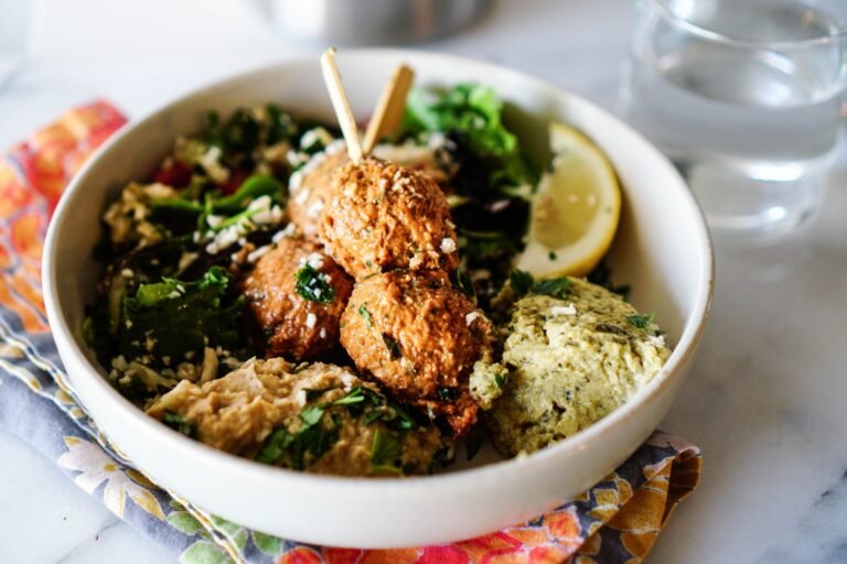 Green Pea & Mint Super Greens Falafel with Hummus & Pomegranate Pickles