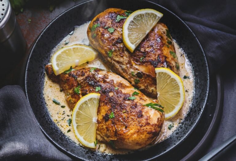 Jamie Oliver’s Lemon Tahini Chicken with Red Pepper Grains & Charred Broccoli